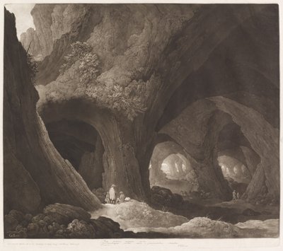 Reizigers in gigantische grotten door Johann Peter Pichler, after Guillam Dubois
