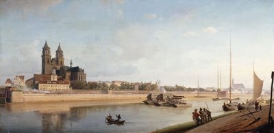 Maagdenburg aan de oevers van de rivier de Elbe - Uitzicht van oost naar west, 1853 door Johann Philipp Eduard Gartner