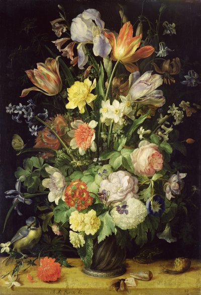 Stilleven met bloemen en pimpelmees door Johann Rudolf Byss