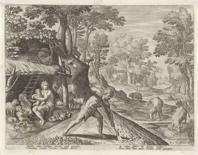 Adam en Eva aan het werk buiten het Aards Paradijs door Johann Sadeler (I)