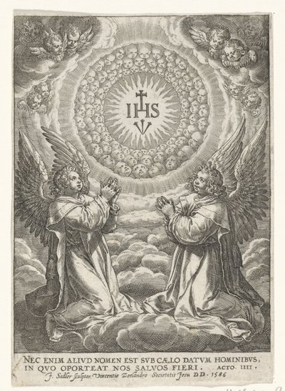 Engelen aanbidden het monogram van Christus door Johann Sadeler (I)