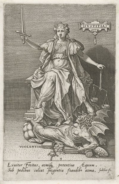 Gerechtigheid (Justitia) overwint Geweld (Violentia) De deugden overwinnen de ondeugden door Johann Sadeler (I)
