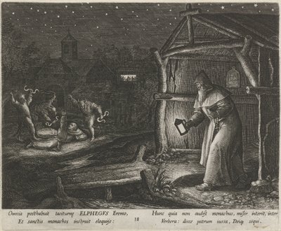 Heilige Alphegus van Canterbury als kluizenaar, Het deugdzame leven van kluizenaars, Trophaeum vitae solitariae door Johann Sadeler (I)