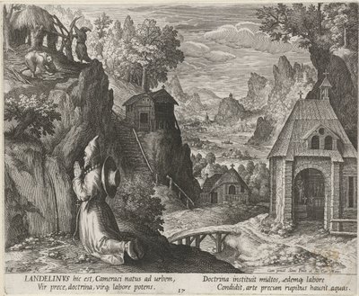 Heilige Landelinus als kluizenaar Kluizenaars (serie titel) Oraculum Anachoreticum (serie titel) door Johann Sadeler (I)