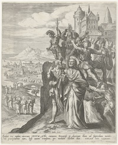 Inwoners van Nazareth verdrijven Christus uit de stad (Scènes uit het Nieuwe Testament) door Johann Sadeler (I)