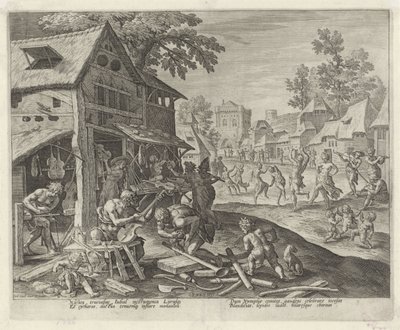 Jubal en zijn gezin maken muziekinstrumenten door Johann Sadeler (I)