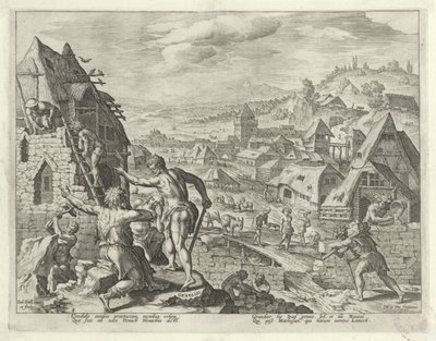 Kaïn bouwt de stad Henoch door Johann Sadeler (I)