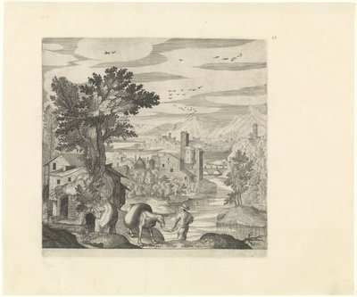 Landschap met een boer en zijn ezel door Johann Sadeler (I)