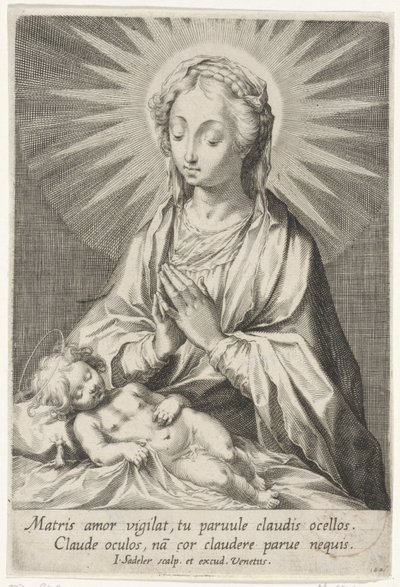 Maria aanbidt het slapende Christuskind door Johann Sadeler (I)