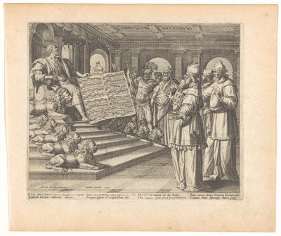 Motetprent en titelblad met Salomo als componist van het Hooglied (Canticum Canticorum, Hooglied van Salomo) door Johann Sadeler (I)