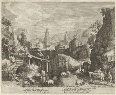 Rotsachtig landschap met de fabel van de ezel en het wilde zwijn door Johann Sadeler (I)