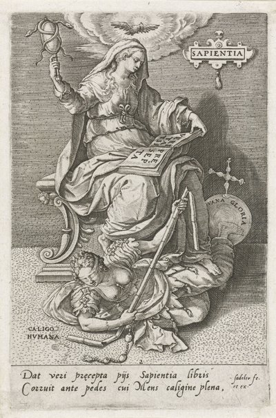 Wijsheid (Sapientia) overwint Menselijke Verbijstering (De deugden overwinnen de ondeugden) door Johann Sadeler (I)