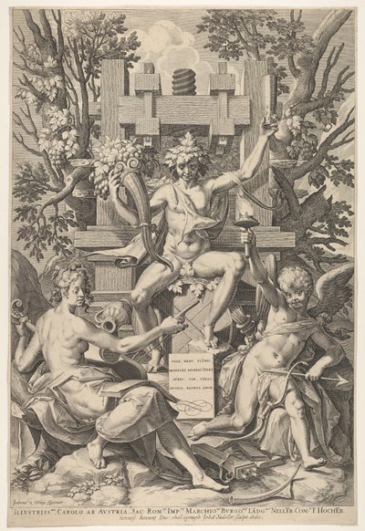 Bacchus, muziek, Amor door Johann Sadeler I