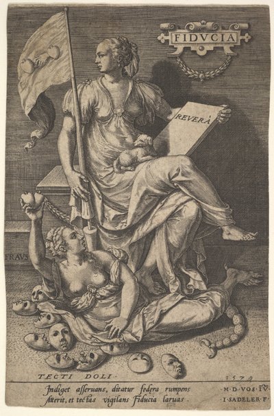 Fiducia, een zittende vrouw houdt een boek en een vaandel terwijl ze haar hoofd wegdraait van een kale tak, 1579 door Johann Sadeler I