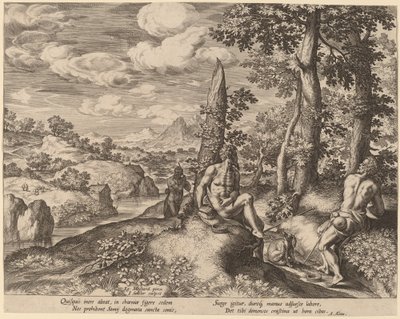 Landschap met Drie Naakte Mannen en een Hond door Johann Sadeler I