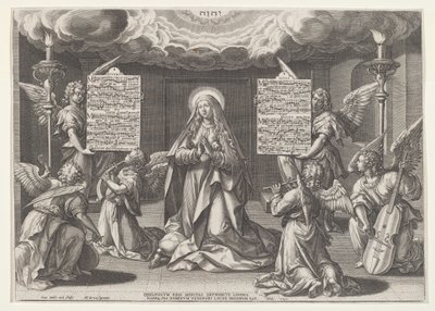 Magnificat: De Maagd omringd door muziekmakende engelen, 1585 door Johann Sadeler I