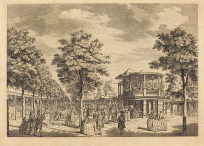 Vauxhall Gardens toont de Grote Wandelgang bij de ingang van de tuin en het orkest met muziek door Johann Sebastian Müller after Samuel Wale