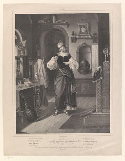 Interieur met vrouw met ring in haar hand door Johann Sprick