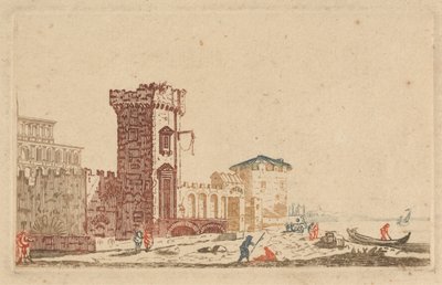 [Een van] Zes gekleurde gravures van kastelen, ruïnes en zeegezichten door Johann Teyler