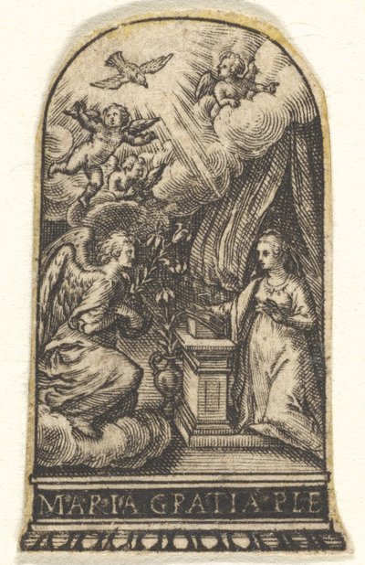 Aankondiging, Maria knielt bij een lessenaar terwijl Gabriel op een wolk nadert, ca. 1580-1600 door Johann Theodor de Bry