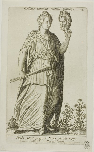 Calliope, Muze van Epische Poezie, plaat 12 uit Parnassus Biceps door Johann Theodor de Bry