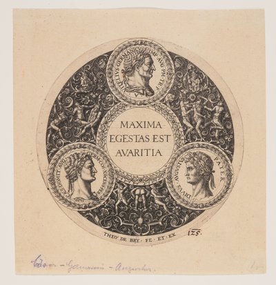 Maxima Egestas Est Avaritia, Ontwerp voor een schaal op voet door Johann Theodor de Bry
