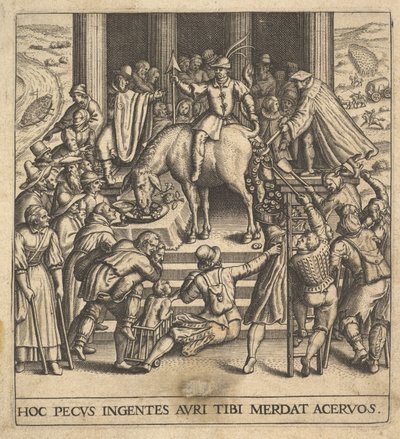 Mannen verzamelen mest die uit de achterhand van een muilezel valt, met een ruiter die zit door Johann Theodor de Bry