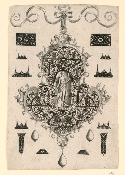 Plaat 5, uit een serie van acht hangende ontwerpen met de kardinale deugden door Johann Theodor de Bry