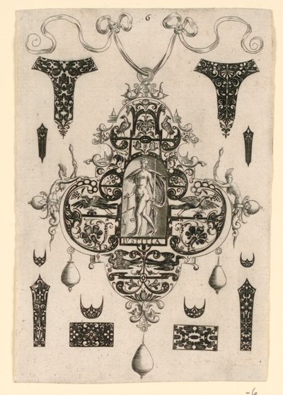 Plaat 6, uit een serie van acht hangende ontwerpen met de kardinale deugden door Johann Theodor de Bry