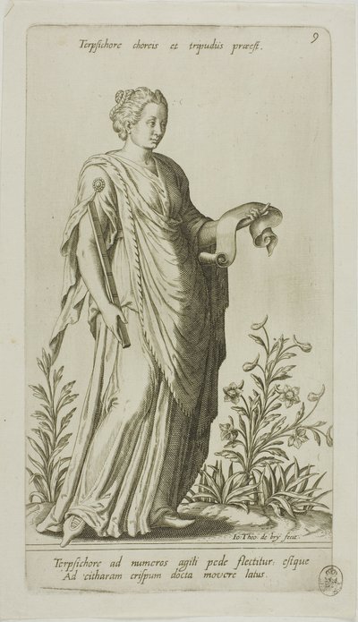 Terpsichore, Muze van Dans, plaat 9 uit Parnassus Biceps door Johann Theodor de Bry