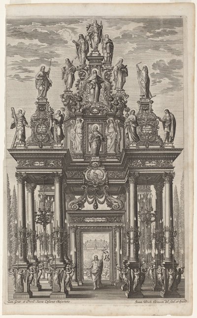 Frontispice met Triomfboog met Christus en de Apostelen door Johann Ulrich Kraus