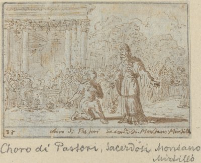 Koor van herders en priesters: Montano, Mirtillo door Johann Wilhelm Baur