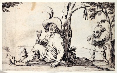 Landman zittend en verfrissend en een dwerg met doedelzakken door Johann Wilhelm Baur