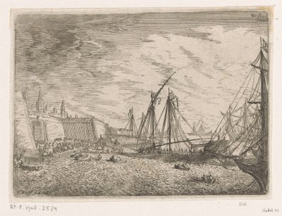 Havengezicht met zeilschepen en galeien voor een stadsmuur door Johann Wilhelm Baur