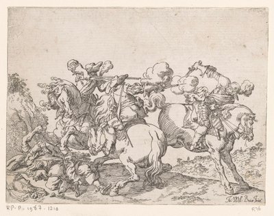 Twee musketiers te paard beschieten een ruiter door Johann Wilhelm Baur