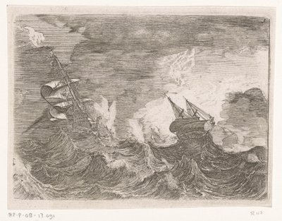 Vijf zeilschepen op zee tijdens een storm door Johann Wilhelm Baur