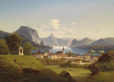 Uitzicht op Gmunden met Schloss Ort op de achtergrond, 1870 door Johann Wilhelm Jankowski