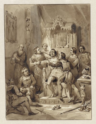 Graaf Willem V wordt krankzinnig en vermoordt Gerrit van Wateringen, 1357 door Johann Wilhelm Kaiser (I)