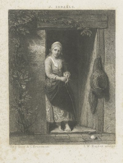 Jonge vrouw met breiwerk door Johann Wilhelm Kaiser (I)