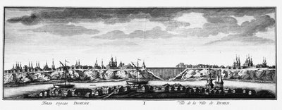 Uitzicht op Tyumen, ca 1735 door Johann Wilhelm Lürsenius