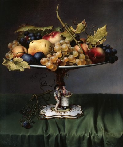 Vruchten op een porseleinen schaal door Johann Wilhelm Preyer