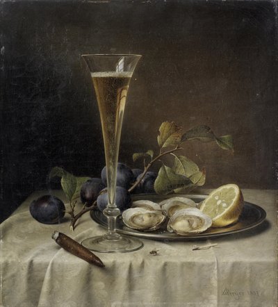 Stilleven met champagne en oesters, 1857 door Johann Wilhelm Preyer