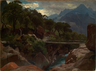 Zwitserse bergrivier met voetbrug door Johann Wilhelm Schirmer