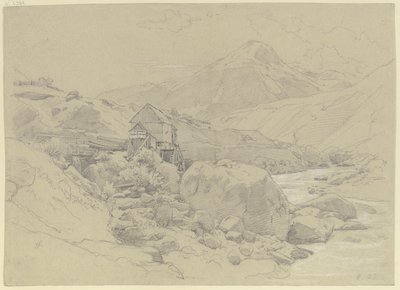 Watermolen in een berglandschap door Johann Wilhelm Schirmer