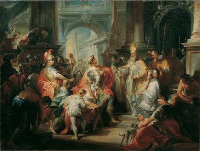 De heilige Ambrosius weigert keizer Theodosius toegang tot de Milaanse kathedraal door Johann Wolfgang Baumgartner