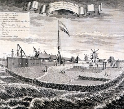 Nederlands Oost-Indische Compagnie hout- of zaagmolen op het eiland twee mijl van Batavia, pub. 1744 door Johann Wolfgang Heydt