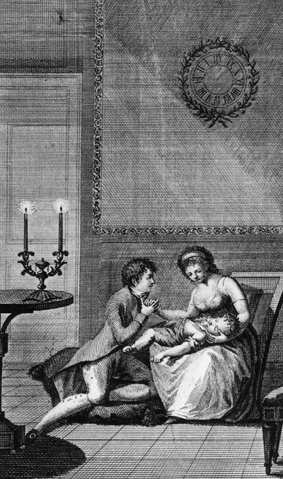 Aurelie getroost door Wilhelm Meister, illustratie voor Wilhelm Meisters Leerjaren, roman door Johann Wolfgang von Goethe (1749-1832), gravure uit Parijse editie gepubliceerd in 1802 door Johann Wolfgang von Goethe