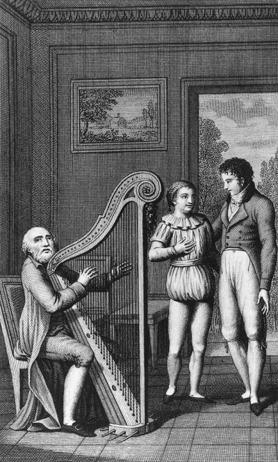 Harpist, Mignon, en Wilhelm, geïllustreerde frontispice voor Wilhelm Meisters Leerjaren, roman door Johann Wolfgang von Goethe (1749-1832), gravure uit editie gepubliceerd in 1802 door Johann Wolfgang von Goethe