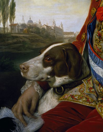Hond, detail uit portret van Ferdinand van Bourbon, Hertog van Parma door Johann Zoffany