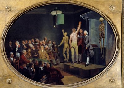 Lezing door William Hunter (1718-1783), Schotse anatoom aan de Koninklijke Academie. door Johann Zoffany